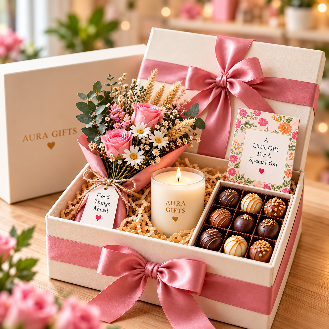 Aura Gifts custom curated gift hamper box with pink satin ribbon, candle, dried flowers, card, and gourmet chocolates